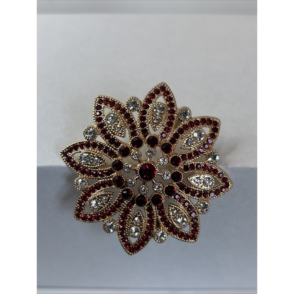 Monet Poinsettia Vintage‎ Red And Clear Rhinestone Floral Print Gold Tone